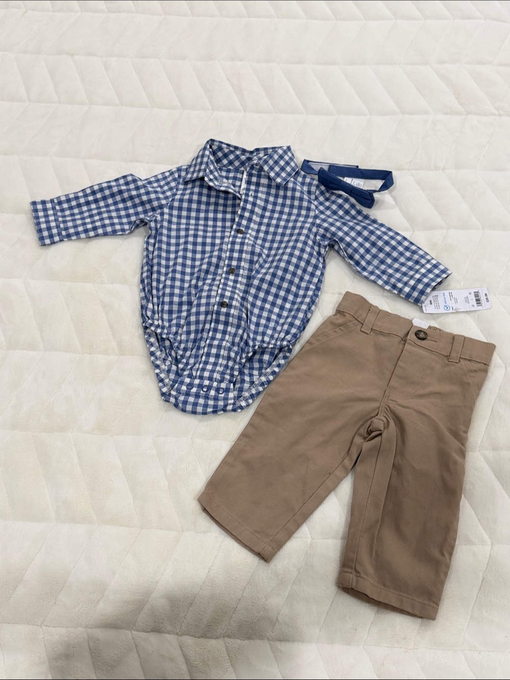 Carter's Blue Gingham Bodysuit with Navy Bow Tie and Tan Pants Set